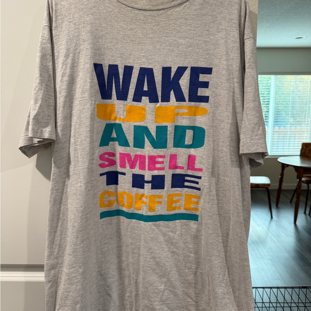 Vintage- women’s M/L grey tshirt dress ‘Wake up and smell the coffee’